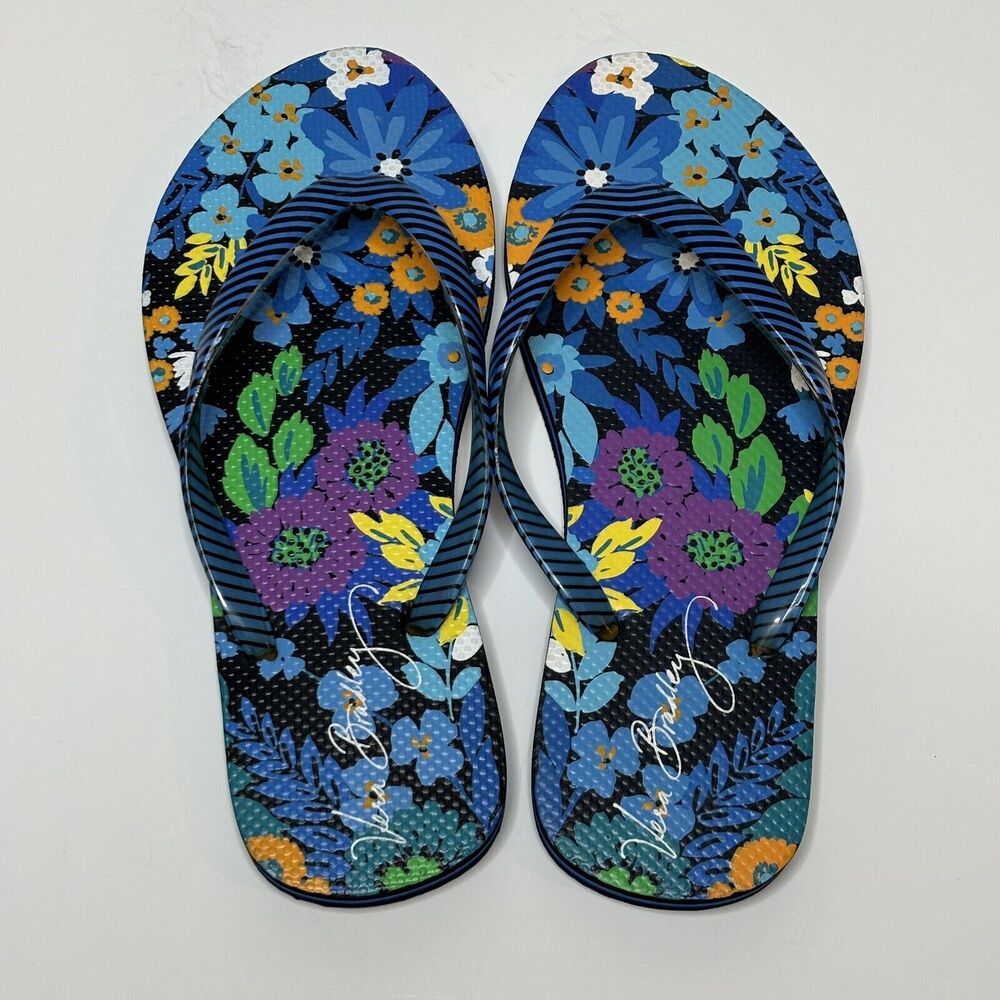 Vera Bradley Flip Flops Sandals Small 5 / 6 Flowers Blue Floral Beach Pool